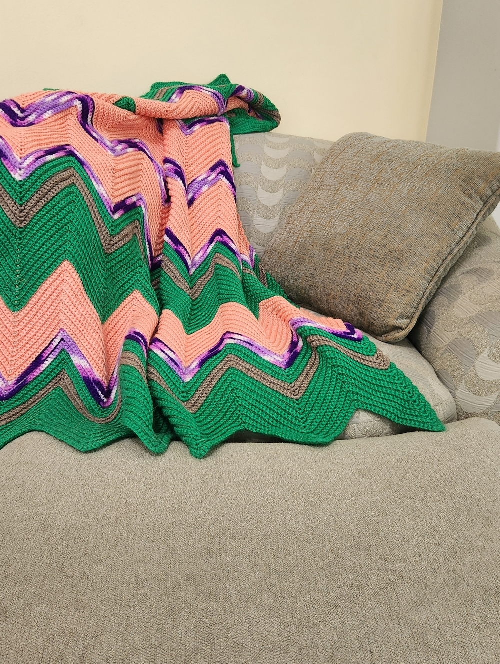 HANDMADE Knit Blanket Throw Green Orange Chevron Pattern